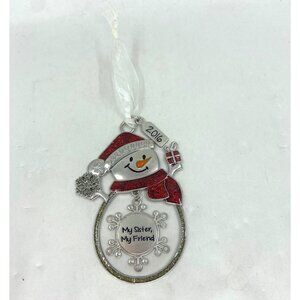 Snowman My Sister My Friend Christmas Ornament Silver Toned and Red 2016